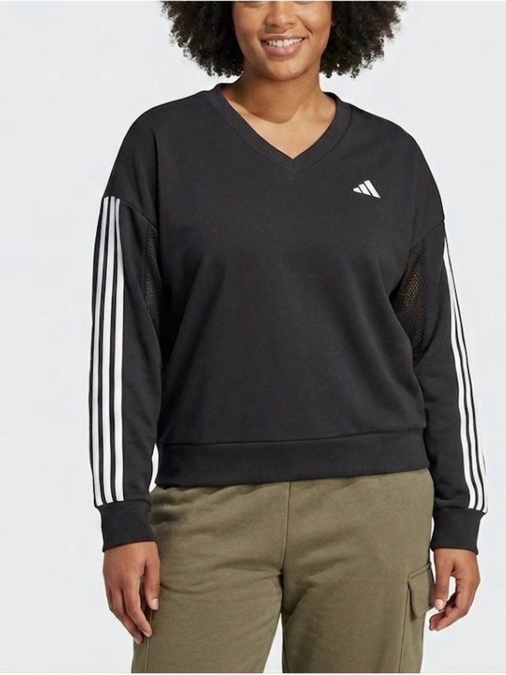 ADIDAS Women's Essentials 3-Stripes French Terry      V-Neck Sweatshirt Size XL